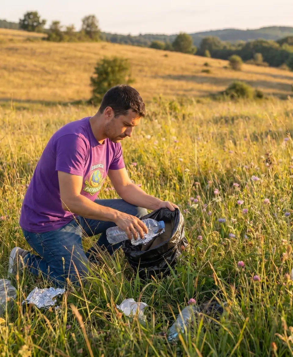 Muž vo fialovom tričku zbiera odpadky na lúke